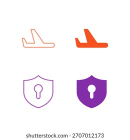 Modo de avião de cor plana e ícone de VPN definidos em contorno e estilo sólido para conexão de rede e configuração de privacidade