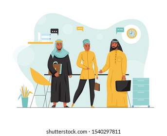 Flat and colored arabs business composition three people at work in the office vector illustration