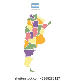 Flat colored Argentina map. Outline with division to region. Argentina map isolated on white background. Vector illustration with national flag.
