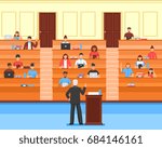 Flat colored audience conference hall composition with students and teacher at university vector illustration