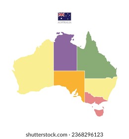 Flat colored Australia map. Outline with division to region. Australia map isolated on white background. Vector illustration with national flag.