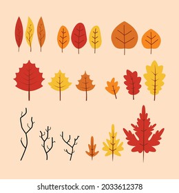 Flat Colored Autumn Leaves and Twigs