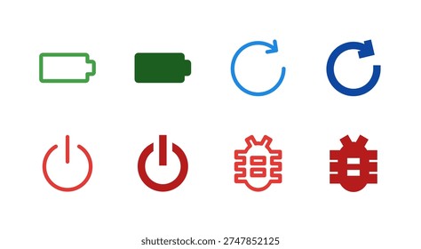 Flat Colored Battery, Restart, Power, Bug report Icon Set for System Interface
