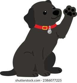 Flat colored black Labrador with a red collar sitting and waving hand illustration