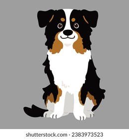 Flat colored Black Tri Australian Shepherd dog sitting in front view