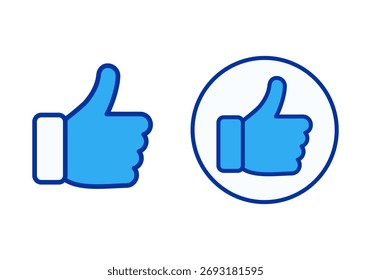 Flat colored blue thumbs up illustration symbolizing approval, positive feedback, and online engagement.