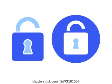 Flat colored blue unlock symbol representing open access, permission, and data control in digital and online systems.