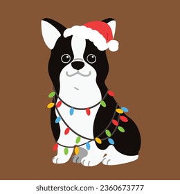 Flat colored Boston Terrier sitting with Christmas lights on