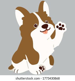 Flat colored brown Corgi sitting waving hand