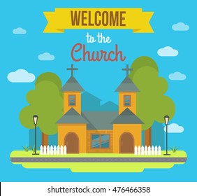 Flat colored building poster with landscape and headline welcome to the church vector illustration