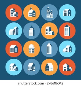 Flat colored building urban style in the form of icons