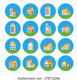 Flat colored building urban style in the form of icons