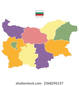 Flat colored Bulgaria map. Outline with division to region. Bulgaria map isolated on white background. Vector illustration with national flag.