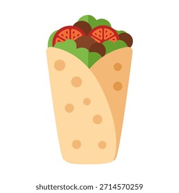 A flat colored burrito icon suitable for Mexican food menus, restaurant meals, casual dining concepts, and culinary related content.