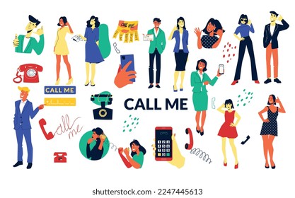 Colores planos llámame icono de teléfono conjunto teléfonos teléfonos teléfonos teléfonos teléfonos teléfonos elegantes y hermosas personas pidiendo y mostrando sus manos para ser llamadas ilustración vectorial de vuelta