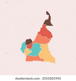 Flat colored Cameroon map. Vintage color. Outline with division to region. Cameroon map isolated on white background. Vector illustration map.