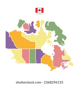 Flat colored Canada map. Outline with division to region. Canada map isolated on white background. Vector illustration with national flag.