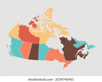 Flat colored Canada map. Vintage color. Outline with division to region. Canada map isolated on white background. Vector illustration map.