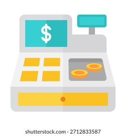 Un ícono de caja registradora de color plano perfecto para áreas de Completar compra de tiendas, contadores de pagos, sistemas minoristas y procesos de transacciones.