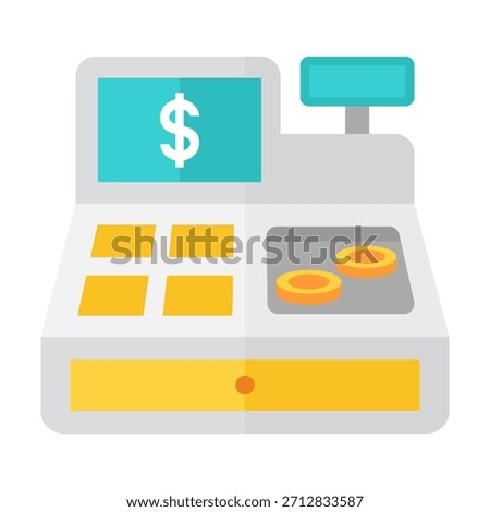 A flat colored cash register icon perfect for store checkout areas, payment counters, retail systems, and transaction processes.