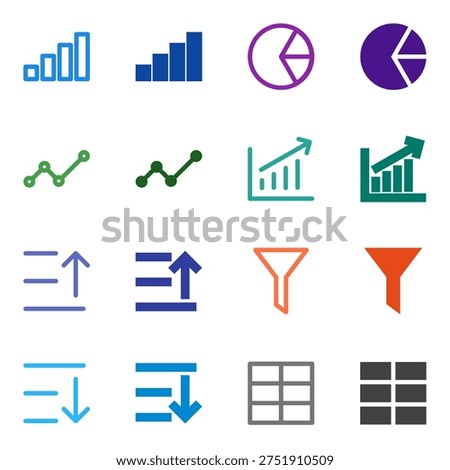 Flat Colored Chart Bar, Chart Line, Chart Pie, Graph, Filter, Sort Ascending, Sort Descending, Table Icon Set for System Interface