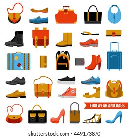 Flat colored collection of fashion accessories with man and woman footwear reticules suitcases portmanteau bags isolated vector illustration  
