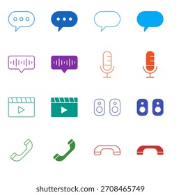 Comunicação de Cor Plana e Ícone de Chamada de Vídeo Definido em Contorno e Estilo Sólido para Mensagens e Telefonia