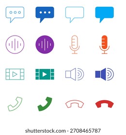 Flat Colored Communication and Video Call Icon Set in Outline and Solid Style for Messaging and Telephony