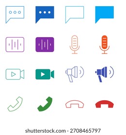 Video Conjunto de iconos de comunicación y llamada de color plano en contorno y estilo sólido para mensajería y telefonía