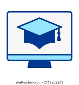 Ícone de tampa de graduação de computador de cor plana que representa educação, plataformas de aprendizagem e realização acadêmica.