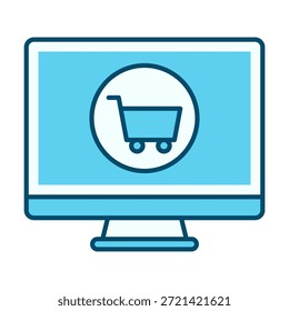 Ícone de carrinho de compras de computador de cor plana representando comércio eletrônico e compras digitais.