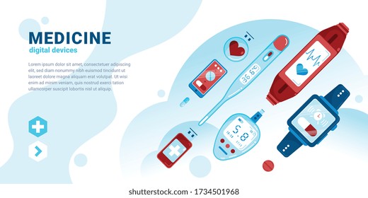 Flachfarbene digitale Medizin horizontale Zusammensetzung mit Schlagzeilen und Vektorgrafik von medizinischen Hilfsmitteln