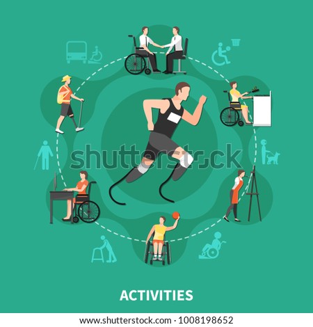 Flat and colored disabled person concept with activities headline and people with disabilities find their own hobbies