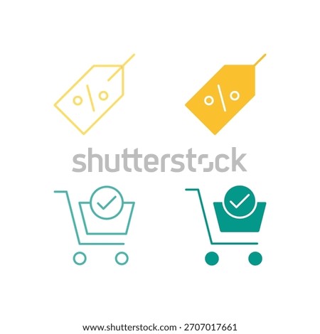 Flat Colored Discount and Checkout Icon Set in Outline and Solid Style for E-commerce Sales and Final Purchase