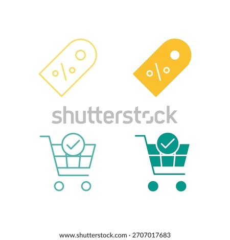 Flat Colored Discount and Checkout Icon Set in Outline and Solid Style for E-commerce Sales and Final Purchase
