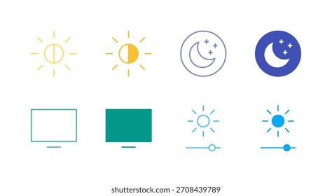 Flat Colored Display Mode Icon Set in Outline and Solid Style for Screen Settings and Brightness