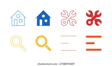 Flat Colored Essential Navigation Icon Set in Outline and Solid Style for App and Web User Interface