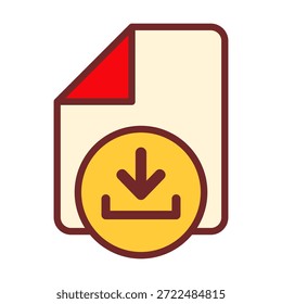 Ícone de download de arquivo de cor plana ideal para ações de gravação digital, recuperação de documentos on-line, fluxos de trabalho de armazenamento e necessidades de design de interface.