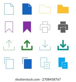Conjunto de iconos de gestión de archivos de color plano en esquema y estilo sólido para operaciones de documentos y datos