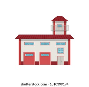Flat colored fire station building  isolated on white background