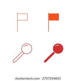 Flat Colored Flag and Pin Icon Set in Outline and Solid Style for Location Marking and Geographical Tagging