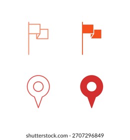Flat Colored Flag and Pin Icon Set in Outline and Solid Style for Location Marking and Geographical Tagging