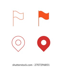 Flat Colored Flag and Pin Icon Set in Outline and Solid Style for Location Marking and Geographical Tagging