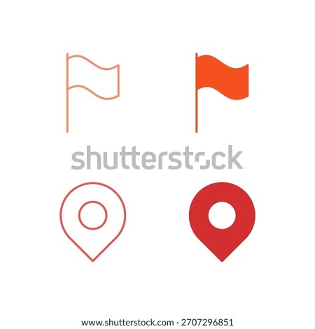 Flat Colored Flag and Pin Icon Set in Outline and Solid Style for Location Marking and Geographical Tagging