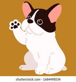 Flat colored French Bulldog sitting waving hand