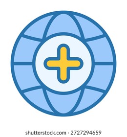Flat colored globe add icon representing global expansion, online growth, worldwide connection, and new digital access. Ideal for apps, websites, business, and technology themes.
