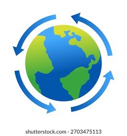Un globo de color plano con un icono de flechas que simboliza el reciclaje, la renovación y los ciclos ambientales continuos en todo el mundo.
