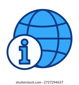 Flat colored globe info icon showing global knowledge, online information, worldwide support, and digital guidance elements.
