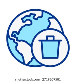 Ícone de lixo globo de cor plana representando exclusão mundial, limpeza digital, remoção de dados online e gerenciamento de conteúdo global.