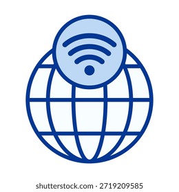Ícone de WiFi globo de cor plana representando o acesso sem fio mundial, conectividade on-line, acesso à Internet e redes de comunicação digital.